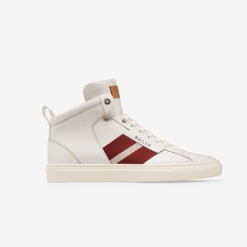 BALLY 발리 수입 소가죽 남성용 카프 레더 하이탑 트레이너 화이트 스니커즈, HEDERN MEN\\\'S CALF LEATHER HIGH TOP TRAINER IN WHITE