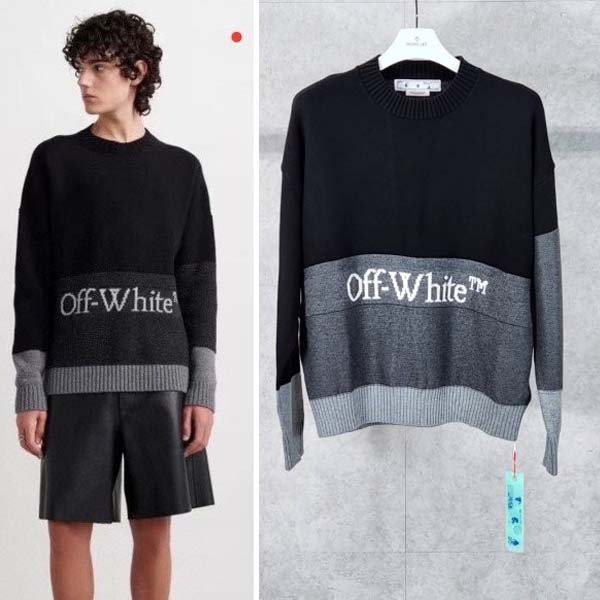 오프화이트 컬러 블럭로고 스웨터 니트