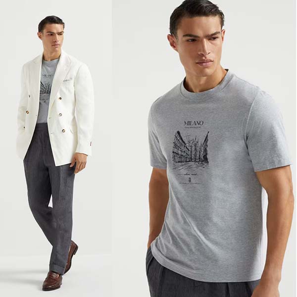 25년 브루넬로 쿠치넬리 코튼 밀라노 그래픽 프린트 로고 라운드 반팔티셔츠 2종 0523