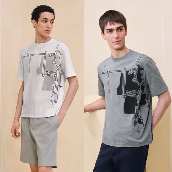 25년 에르메스 Harnais En Gouache 3D 라운드 반팔티셔츠 2종 0523