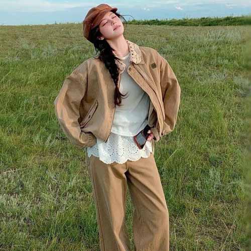 25년 로에베 무드 더블 칼라 자수 로고 워싱 재킷