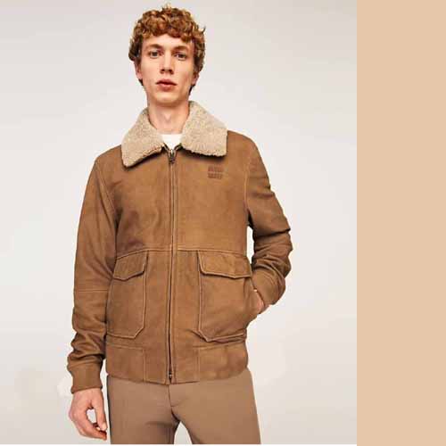 25년 미우미우 로고 양털 퍼 카라 무스탕 재킷