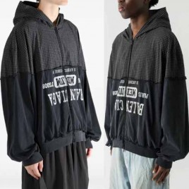 25년 발렌시아가 디스트레스트 로고 프린팅 체크 코튼 트윌 저지 후드 재킷 1125