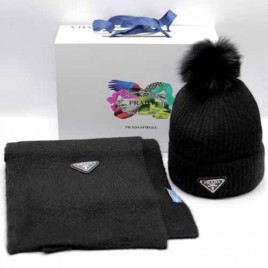 프라다 로고 커플 양털 모자 + 머플러 2종 세트