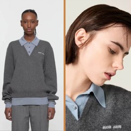 미우미우 캐시미어 앤 울 폴로 스웨터 슬레이트