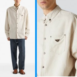 프라다 삼각로고 내츄럴 삼브레이 긴팔 아이보리 셔츠